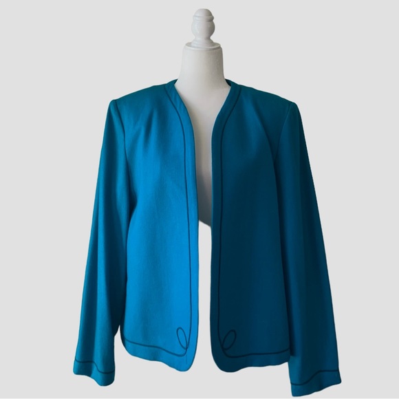 VINTAGE LESLIE FAY TURQUOISE WOOL BLAZER - Picture 4 of 11